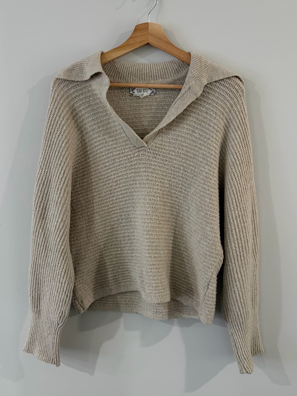 Pink Rose Neutral Beige V-Neck Collared Pullover